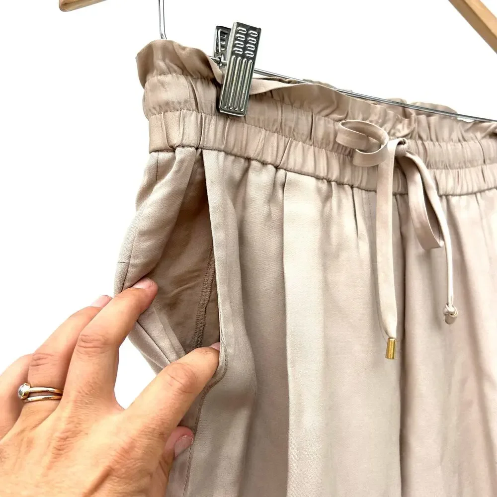 Tory Burch Satin Modal Rayon Tapered Drawstring Pull On Trousers Pants Small Tan